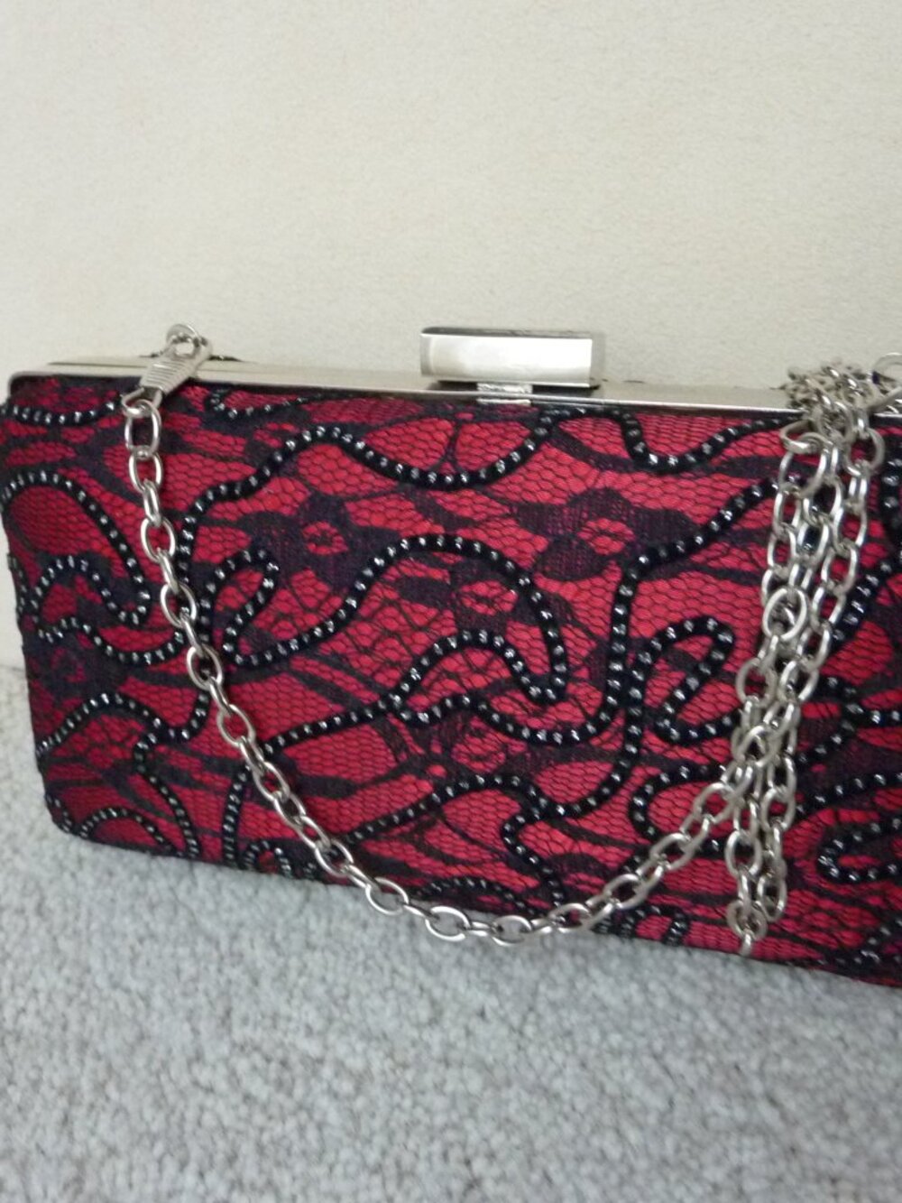 Lulu Townsend Red Lace Evening Clutch with Silver Chain